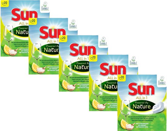 550x431 5x 20 Sun All in 1 vaatwastabletten - 100 Tabletten - Powered by nature - Met baking soda - Beter voor het milieu