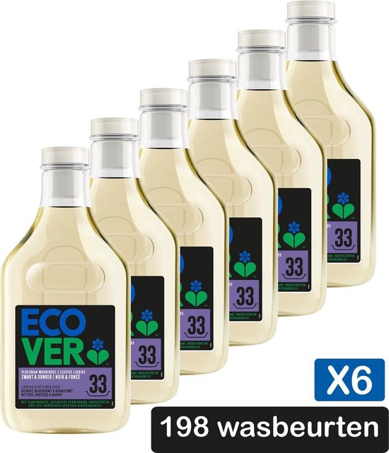 Ecover Ecologisch Wasmiddel Zwart & Donker - Vloeibaar Wasmiddel - Limoen & Lotus - Hernieuwt Donkere Kleuren - 6 x 1,5L - Voordeelverpakking