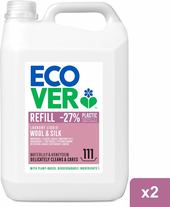 Ecover Ecologisch Wasmiddel Wol-& Fijnwas - Vloeibaar Wasmiddel - Waterlelie & Honingdauw - 2 x 5L - Voordeelverpakking